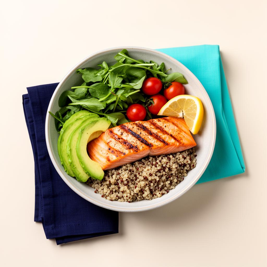 Assiette équilibrée : saumon grillé, quinoa et légumes rôtis