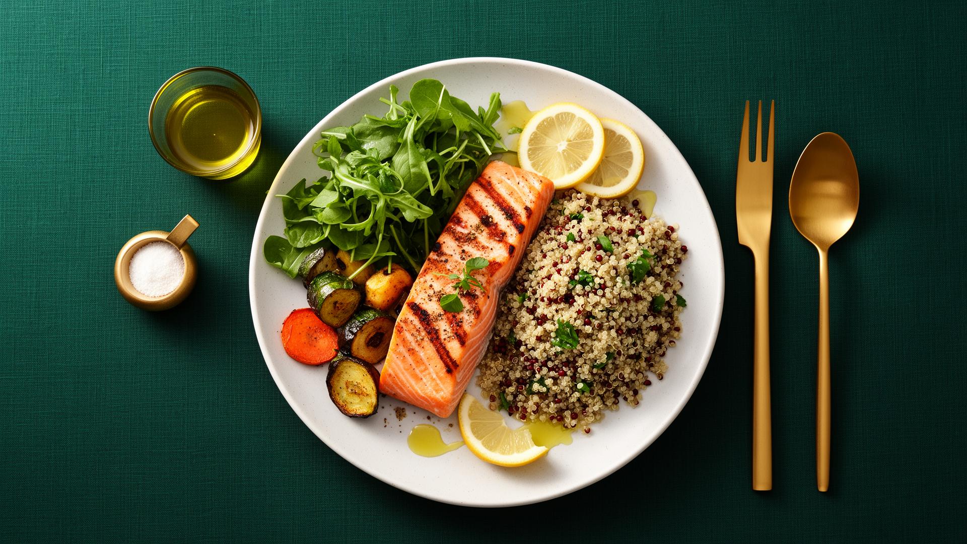 Assiette équilibrée : saumon grillé, quinoa et légumes rôtis